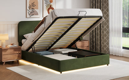 Hydraulic Storage Bed with LED Lights Green