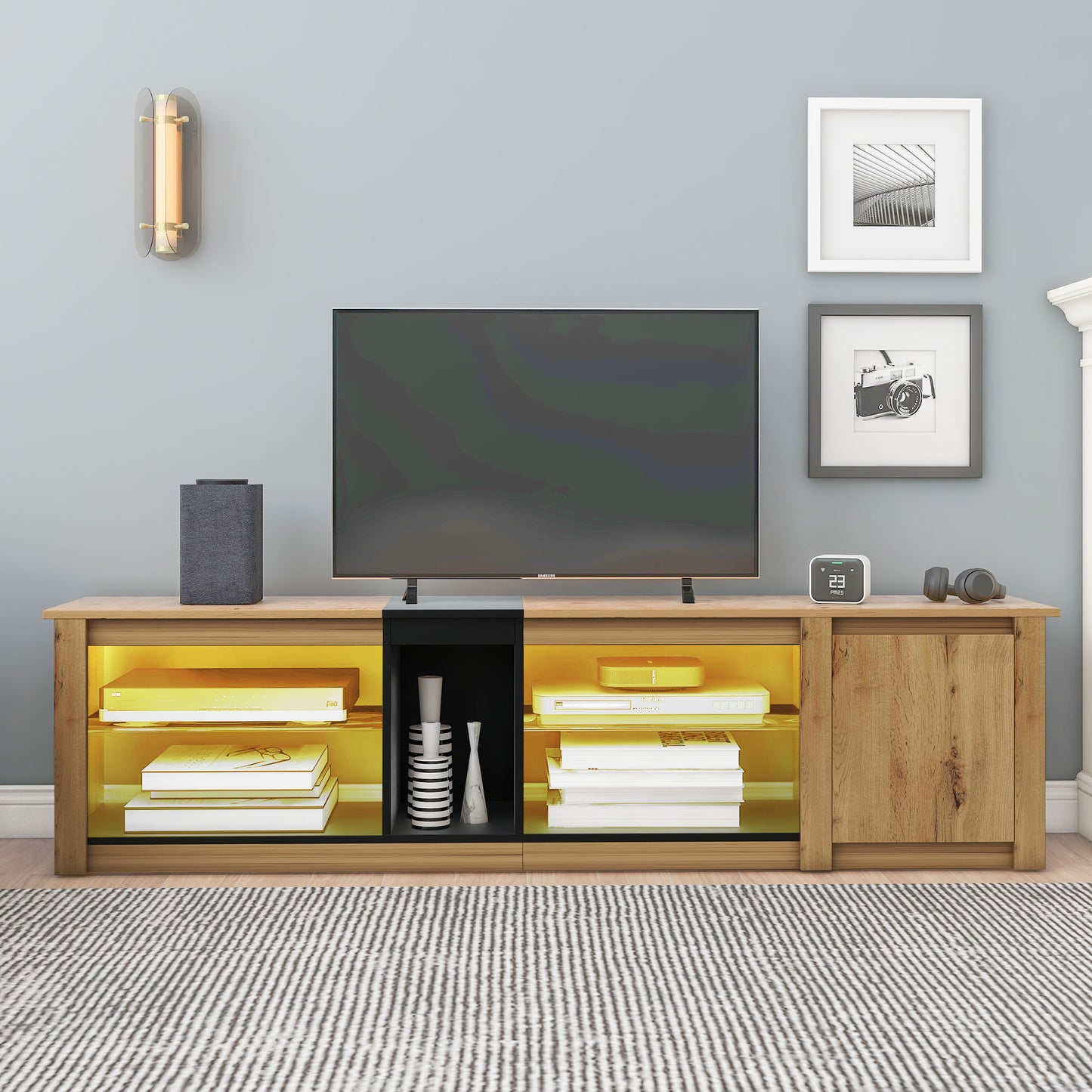 ModernTV stand suitable for TVs under 80 inches, media console with multifunctional storage, and LED lights