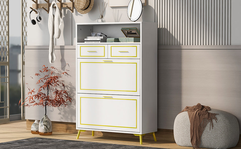 U-Can Shoe Cabinet with 2 Flip Drawers, 2 Slide Drawers, and 1 Shelf, Modern White Finish