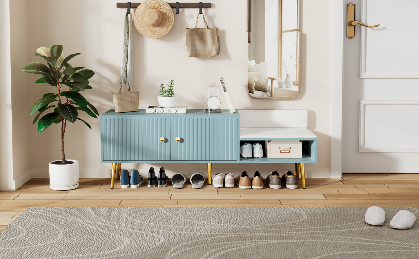 Modern Shoe Storage Bench with Hidden Storage and Upholstered Cushions, Tiffany Blue Finish