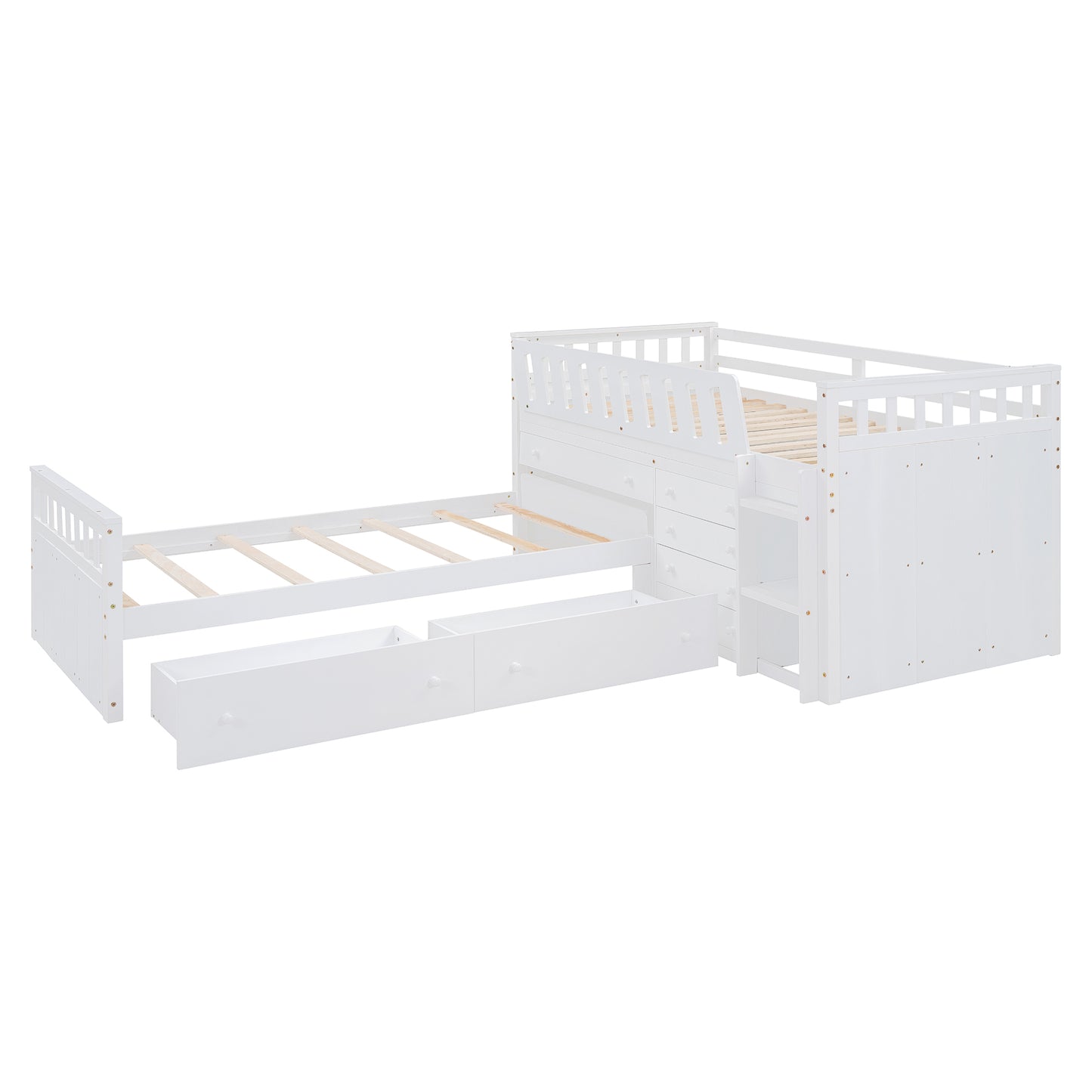 L-shaped Space-Saving Twin Loft and Twin Platform Bed with 7 Drawers and Full Guardrails(WHITE)