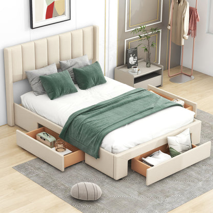 Full Size Upholstered Platform Bed with One Large Drawer in Footboard and Drawers on Each Side, Beige