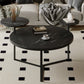 Modern coffee table with two display shelves, Black Faux marble surfaces, Tripod-inspired base,Rounded tabletop edges