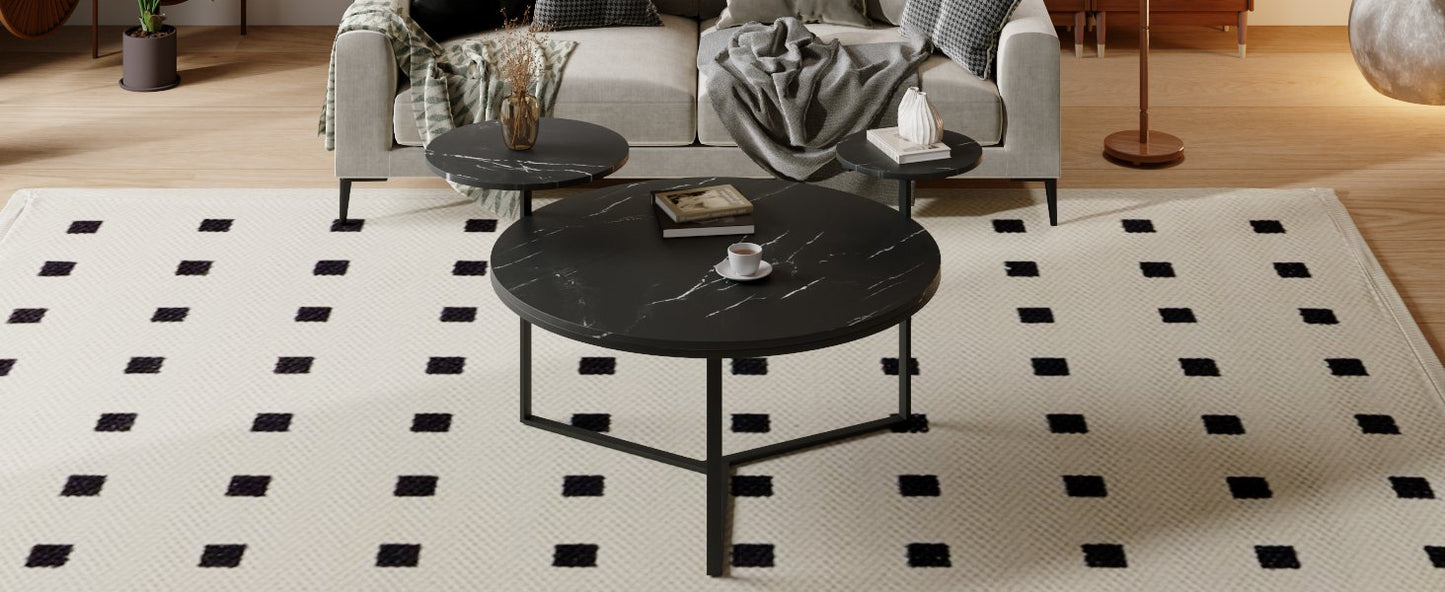 Modern coffee table with two display shelves, Black Faux marble surfaces, Tripod-inspired base,Rounded tabletop edges