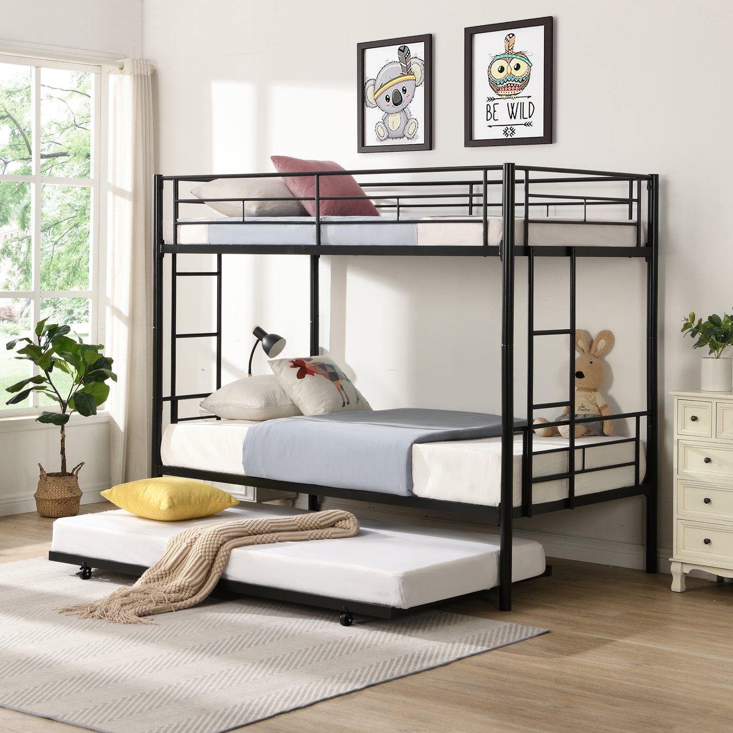 Twin bunk bed frame with trailer, metal bunk bed with sturdy guardrail and side ladder, can be divided into two beds, black