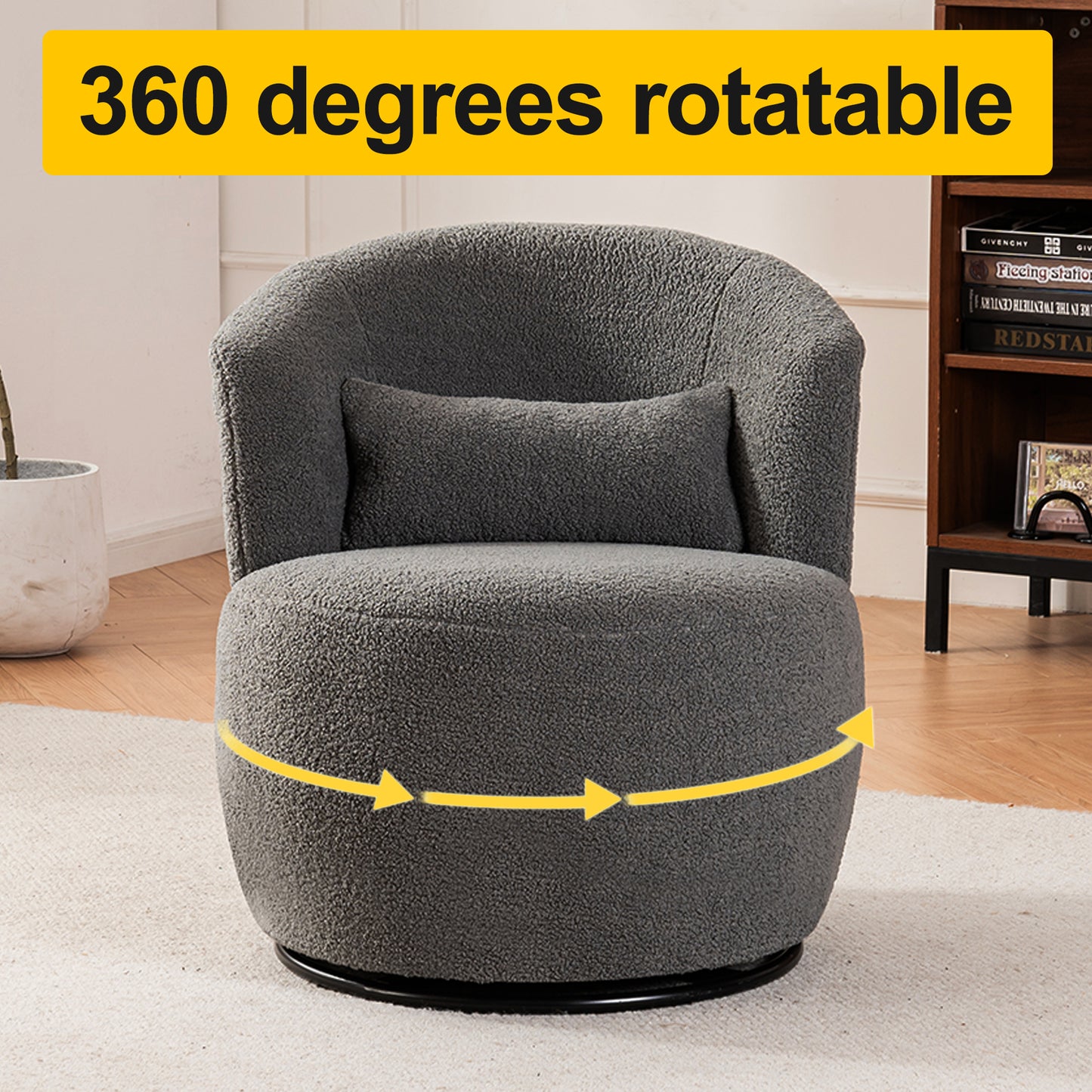 Grey Plush Swivel Accent Chair with 360° Rotation and Metal Base, Contemporary Design for Living Rooms