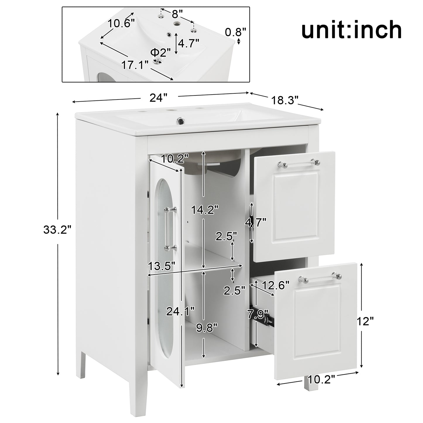 Bathroom Vanity with Sink, Bathroom Vanity Cabinet with Two Drawers and Door, Adjustable Shelf, Solid Wood and MDF, White