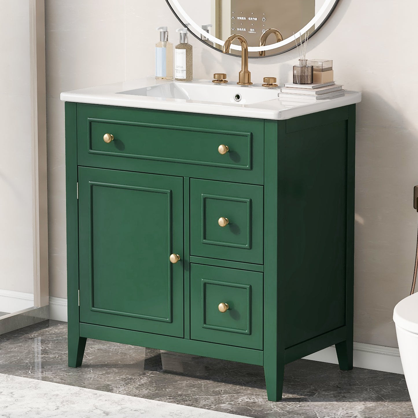 Mueble de baño de 30" con encimera de lavabo, armario de madera maciza con puerta y dos cajones, color verde