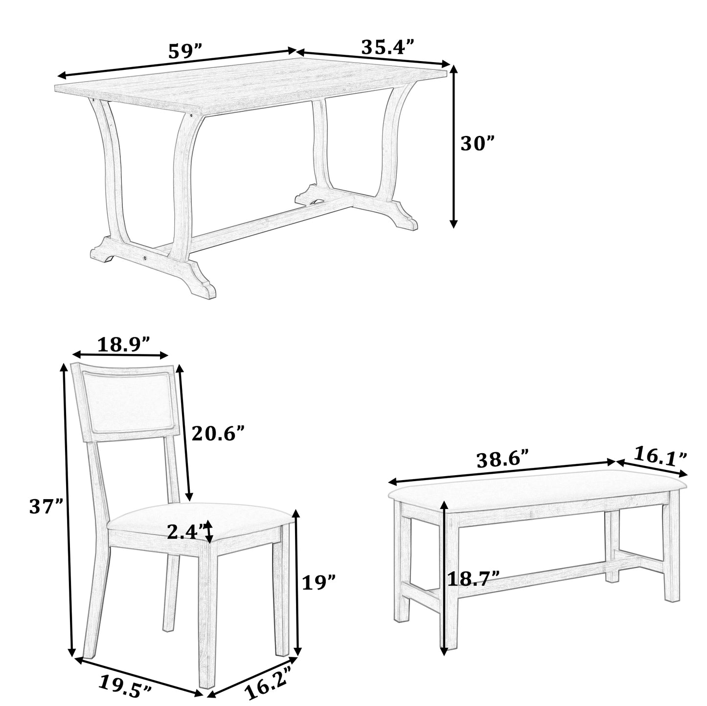 TOPMAX Farmhouse 6-Piece Trestle Dining Table Set with Upholstered Chairs and Bench, 59-Inch, White