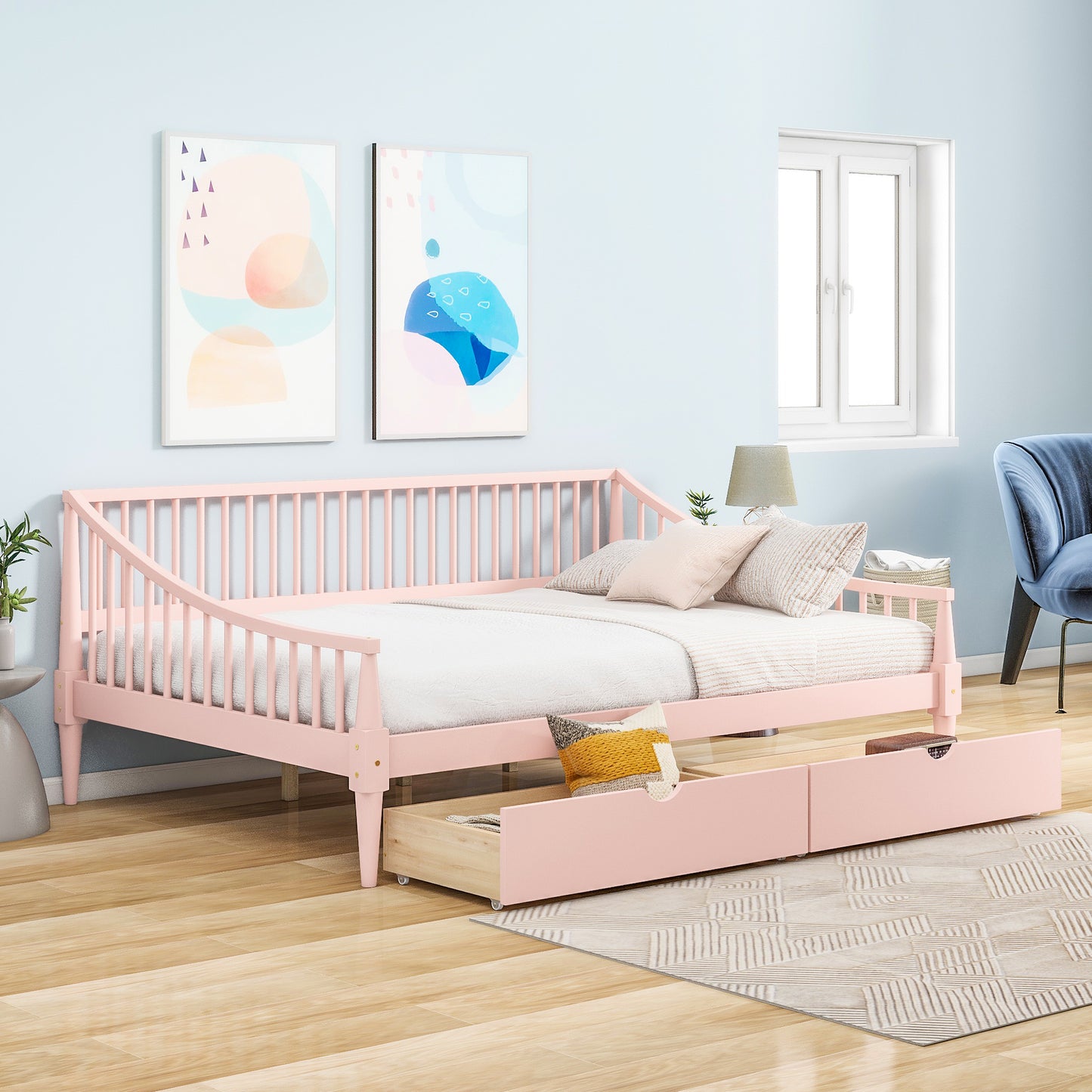 Full Size Daybed with Two Storage Drawers and Support Legs Pink