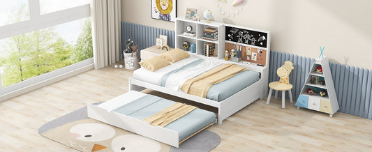 Full Size Daybed with Storage Shelves, Blackboard, Cork board, USB Ports and Twin Size Trundle  White