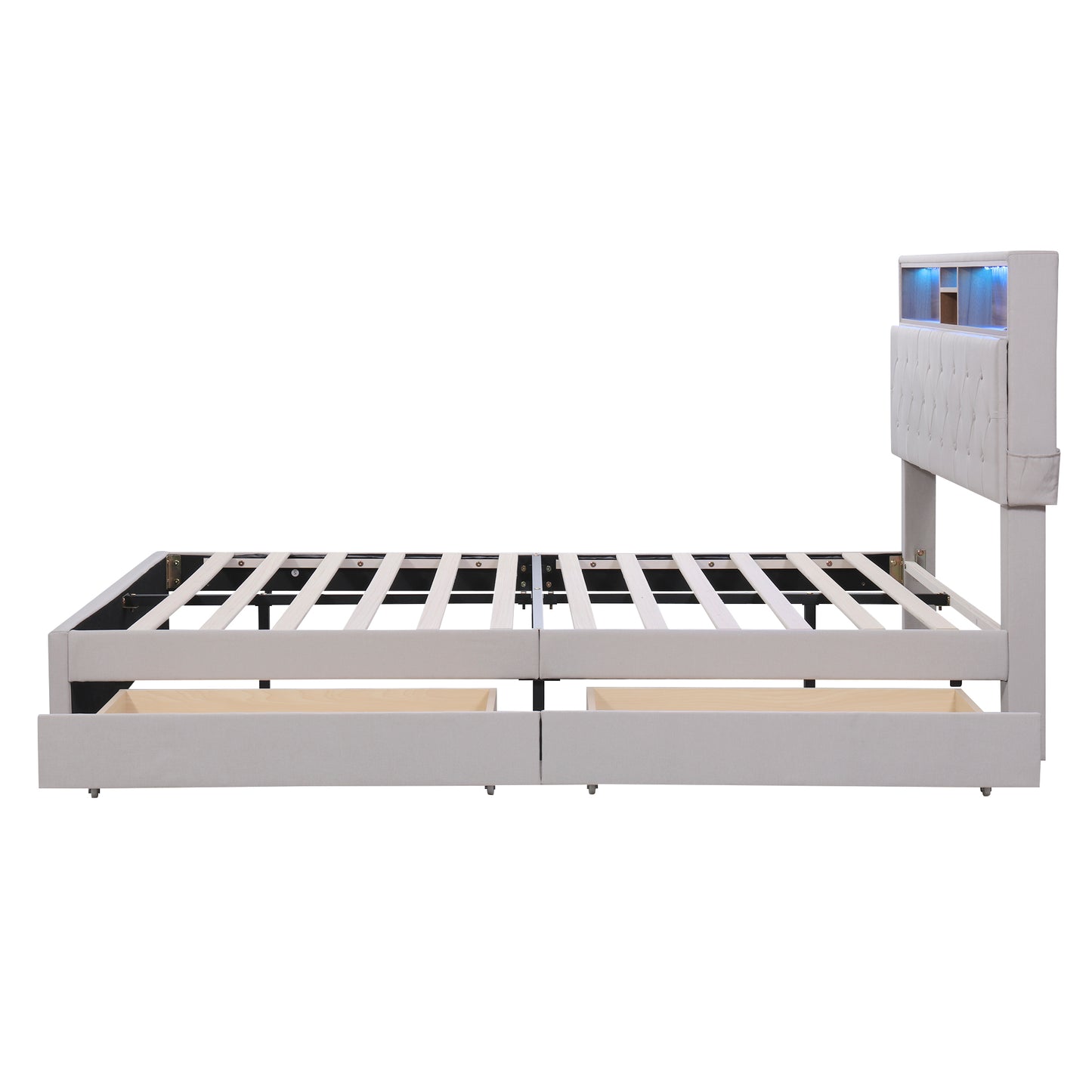 Cama tamaño queen tapizada con plataforma, cabecero con espacio de almacenamiento, luces LED, carga USB y 2 cajones, color beige