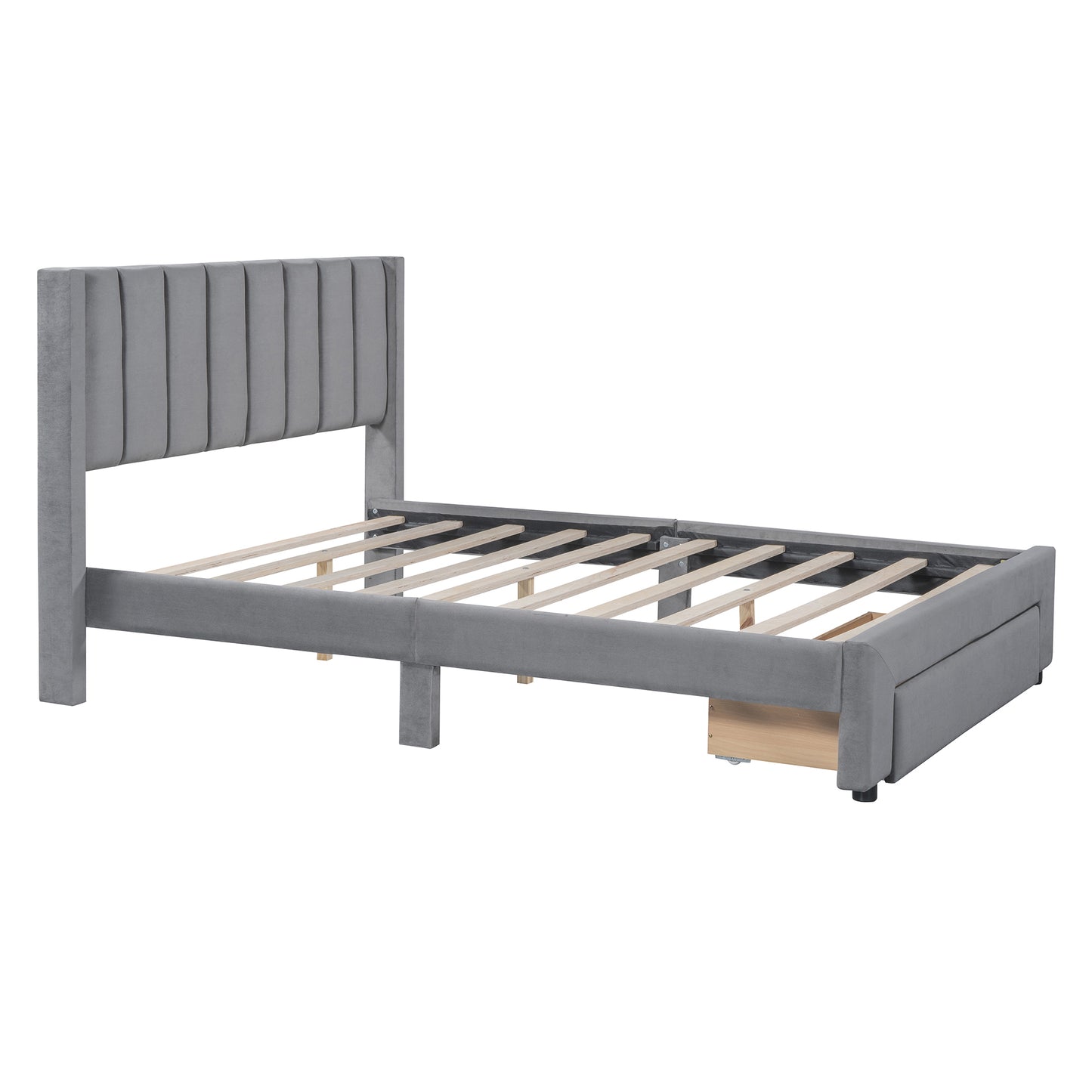 Full Size Storage Bed Velvet Upholstered Platform Bed with a Big Drawer - Gray