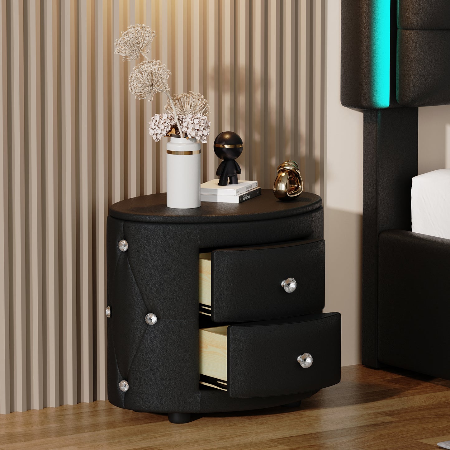 Elegant PU Nightstand with 2 Drawers and Crystal Handle,Fully Assembled Except Legs&Handles,Storage Bedside Table - Black