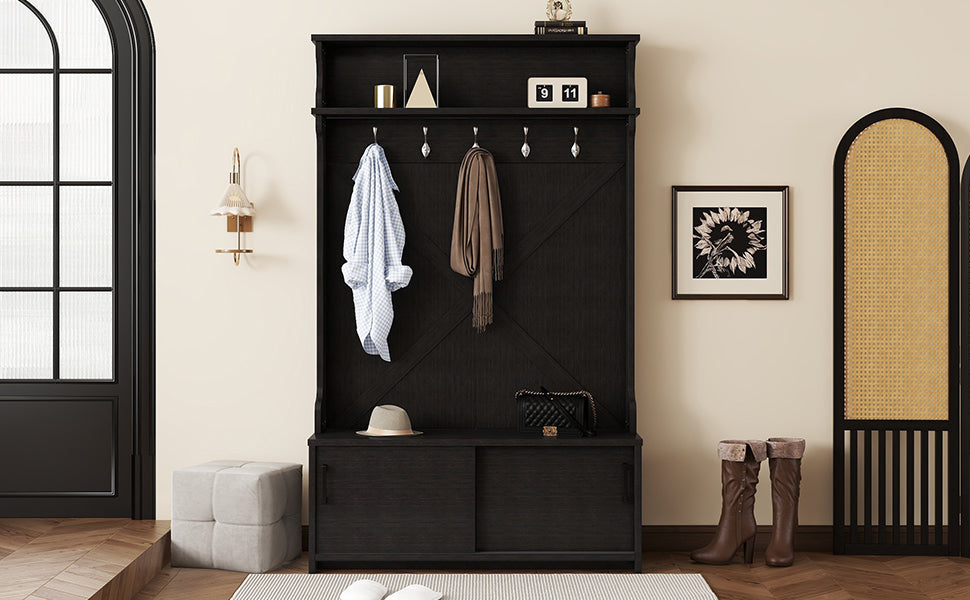 Hall Tree with Roof Rack and Storage Platform, Corridor Shoe Cabinet with Sliding Door and 5 Hooks, Black