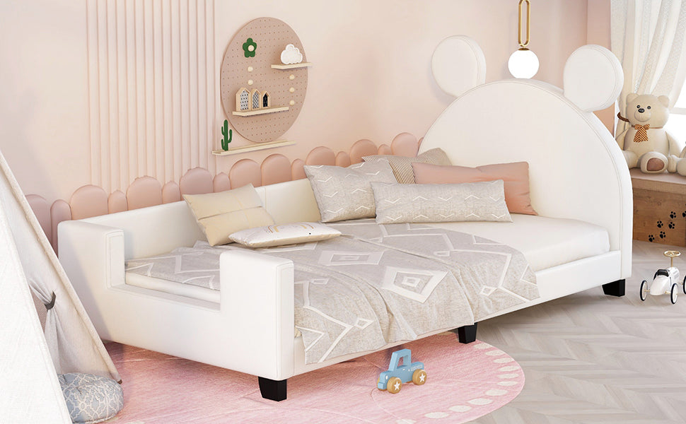 Twin Size Upholstered Daybed with Carton Ears Shaped Headboard White