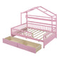 Wooden Full Size House Bed with 2 Drawers Kids Bed with Storage Shelf Pink