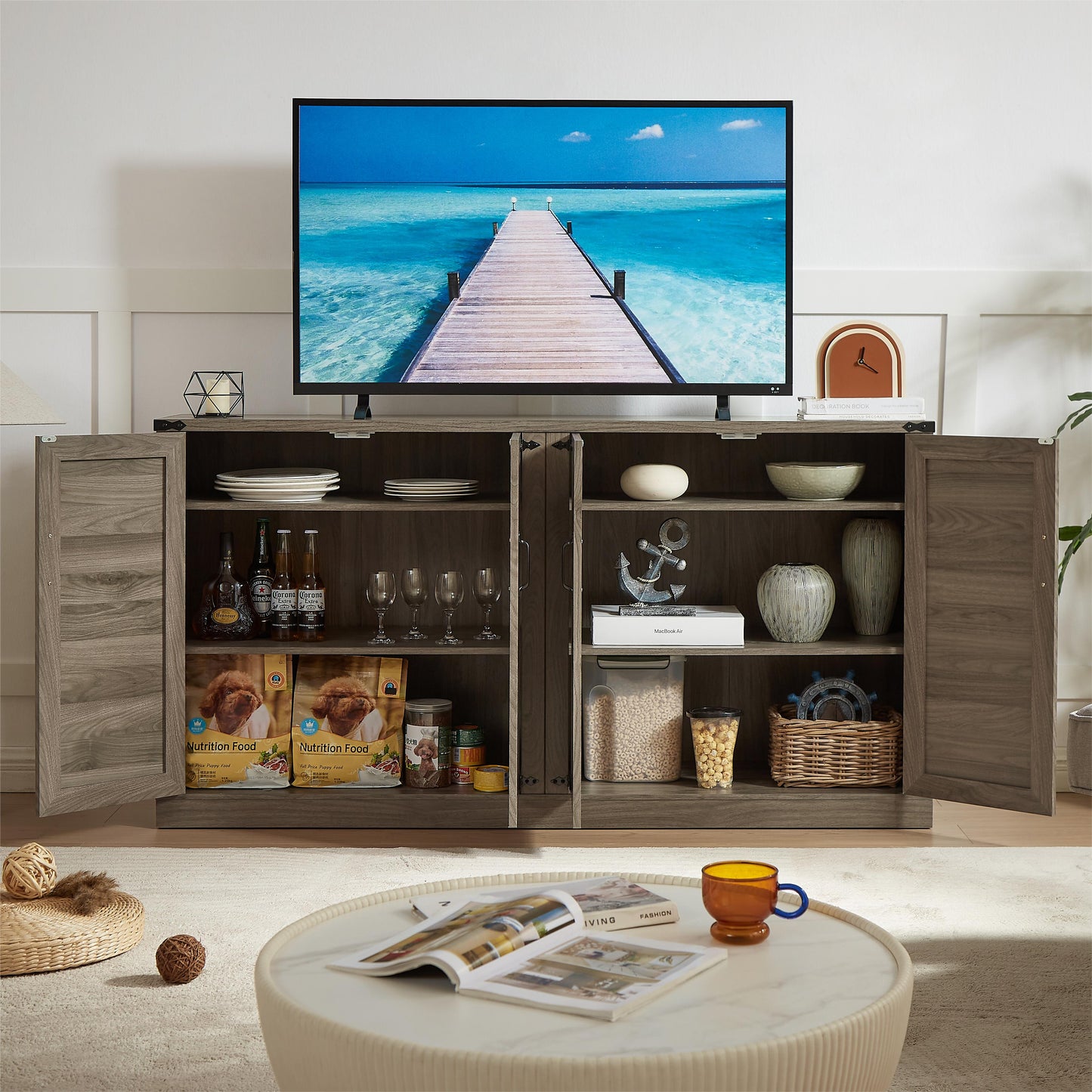 65-Inch Slate Gray Faux Rattan Sideboard with Barn Doors, 4-Door Storage for Living Rooms and Bedrooms