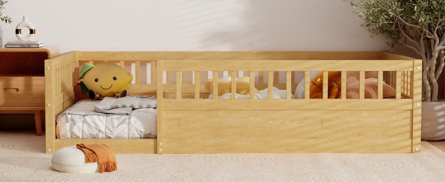 Twin Floor Bed Frame with Fence, Wood Kids Floor Beds Frame for Bedroom Playroom,Natural