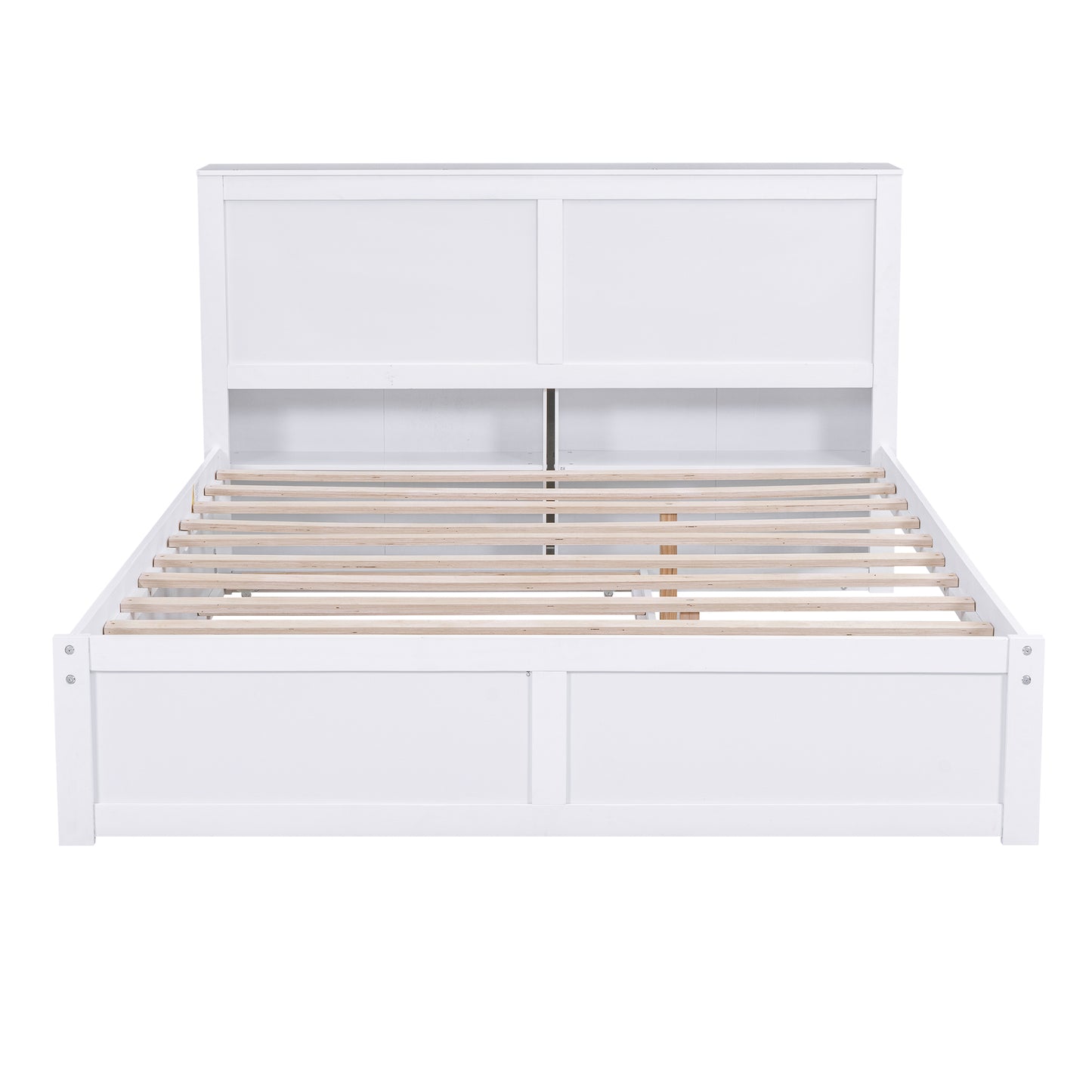 Queen Size Storage Platform Bed with Pull Out Shelves and Twin XL Size Trundle  White