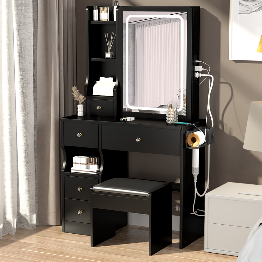 Left Drawer Desktop Vanity with Cushioned Stool, LED Mirror, and USB Power Stations