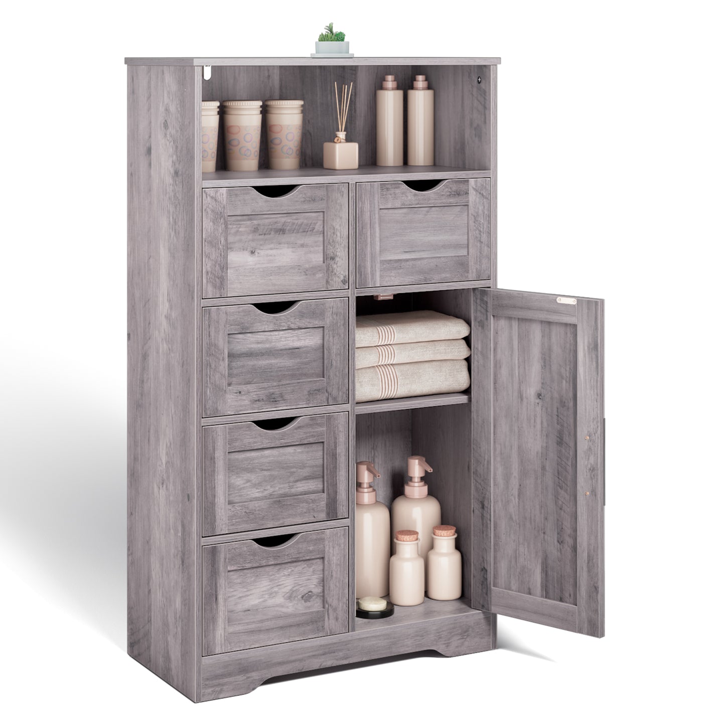 5 Drawers Storage Cabinet with Adjustable Shelves, Bathroom Cabinet with Doors, Floor Cabinet for Living Room Grey