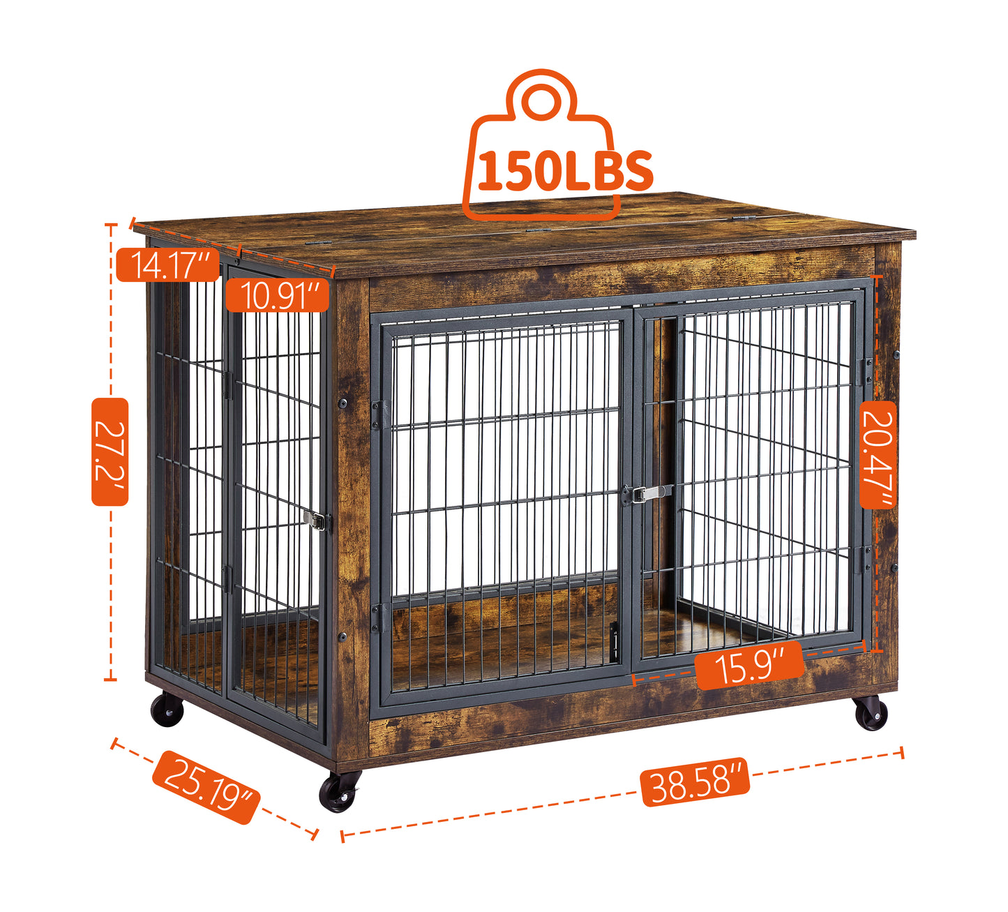 Furniture Dog Cage Crate with Double Doors, Rustic Brown, 38.58'' W x 25.2'' D x 27.17'' H