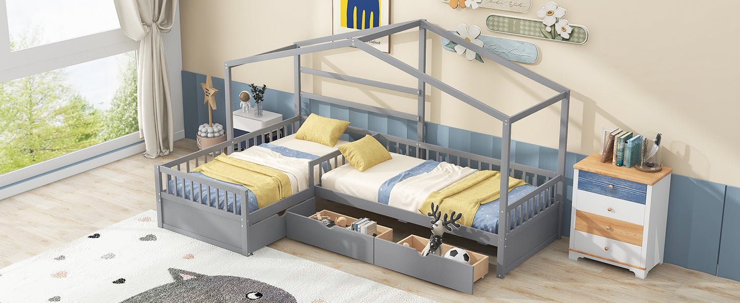 Twin Size House Platform Bed with Three Storage Drawers Gray