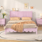 Full Size Wood Platform Bed Frame, Retro Style Bed with Rectangular Headboard,No Need Box Spring,Pink