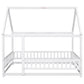 Full Size Floor Wooden Bed with House Roof Frame, Fence Guardrails ,White