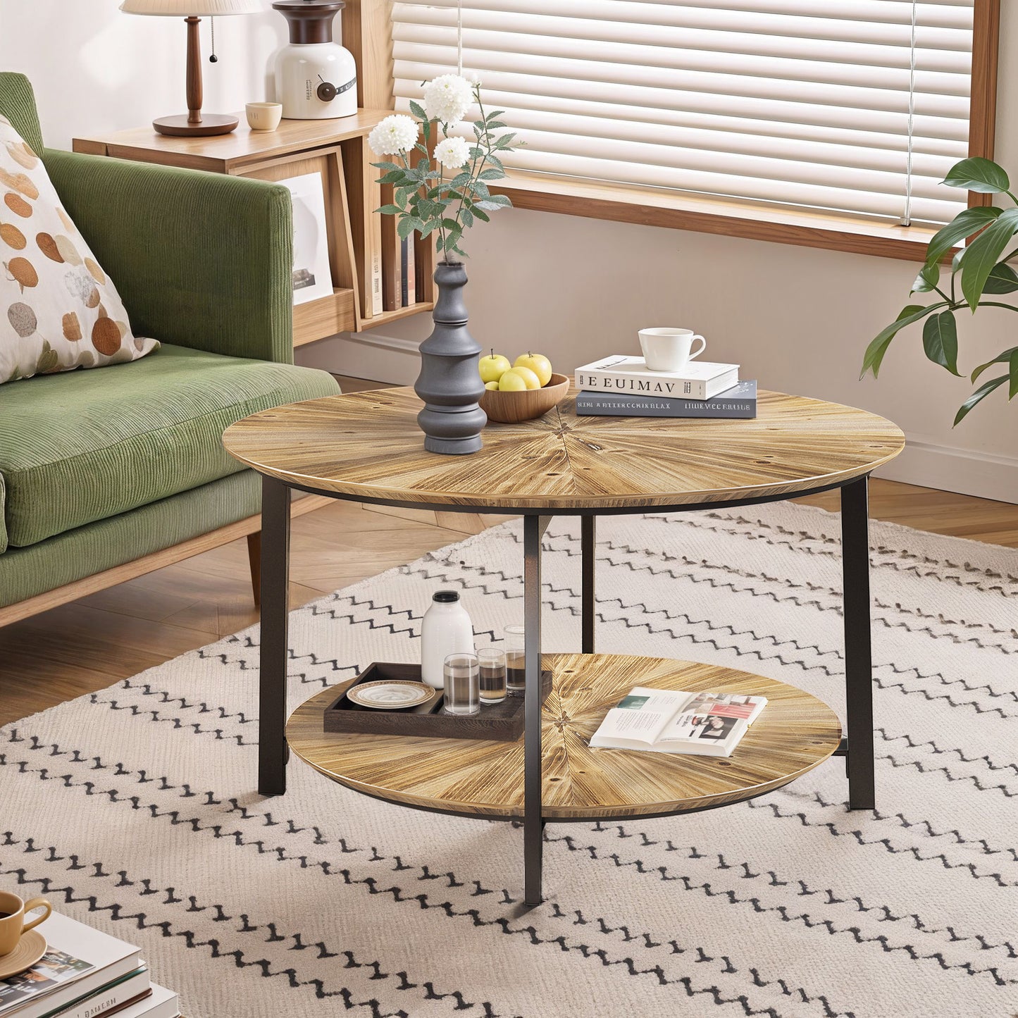 Round Coffee Table Stand Wooden Double Layer Coffee Table with Open Storage Space and Metal Table Legs