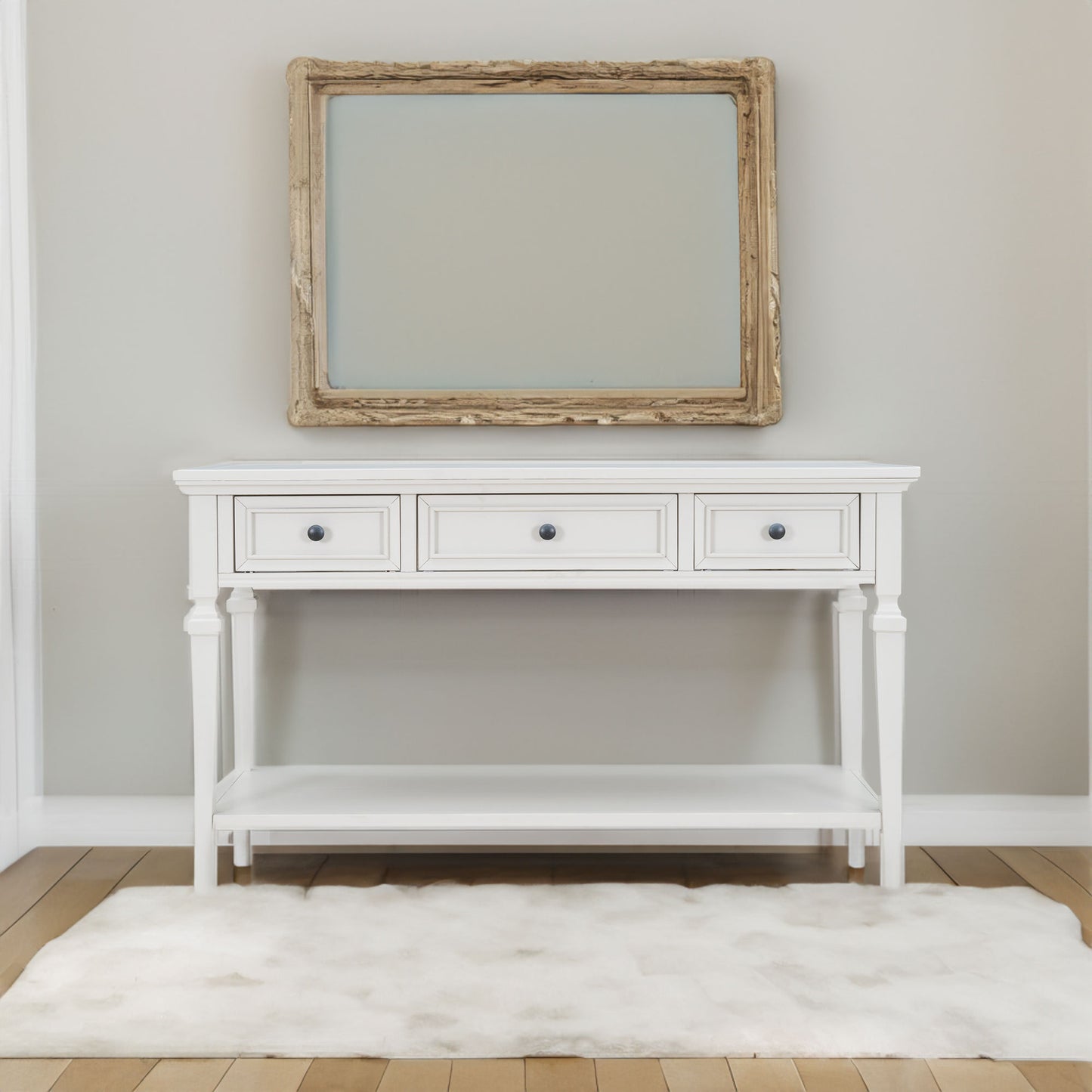 TREXM Classic Retro Style Console Table with Three Top Drawers and Open Style Bottom Shelf (Antique White)