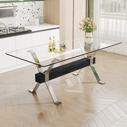 Modern Tempered Glass Dining Table, Large Office Desk with Silver Plated Metal Legs and MDF Crossbars