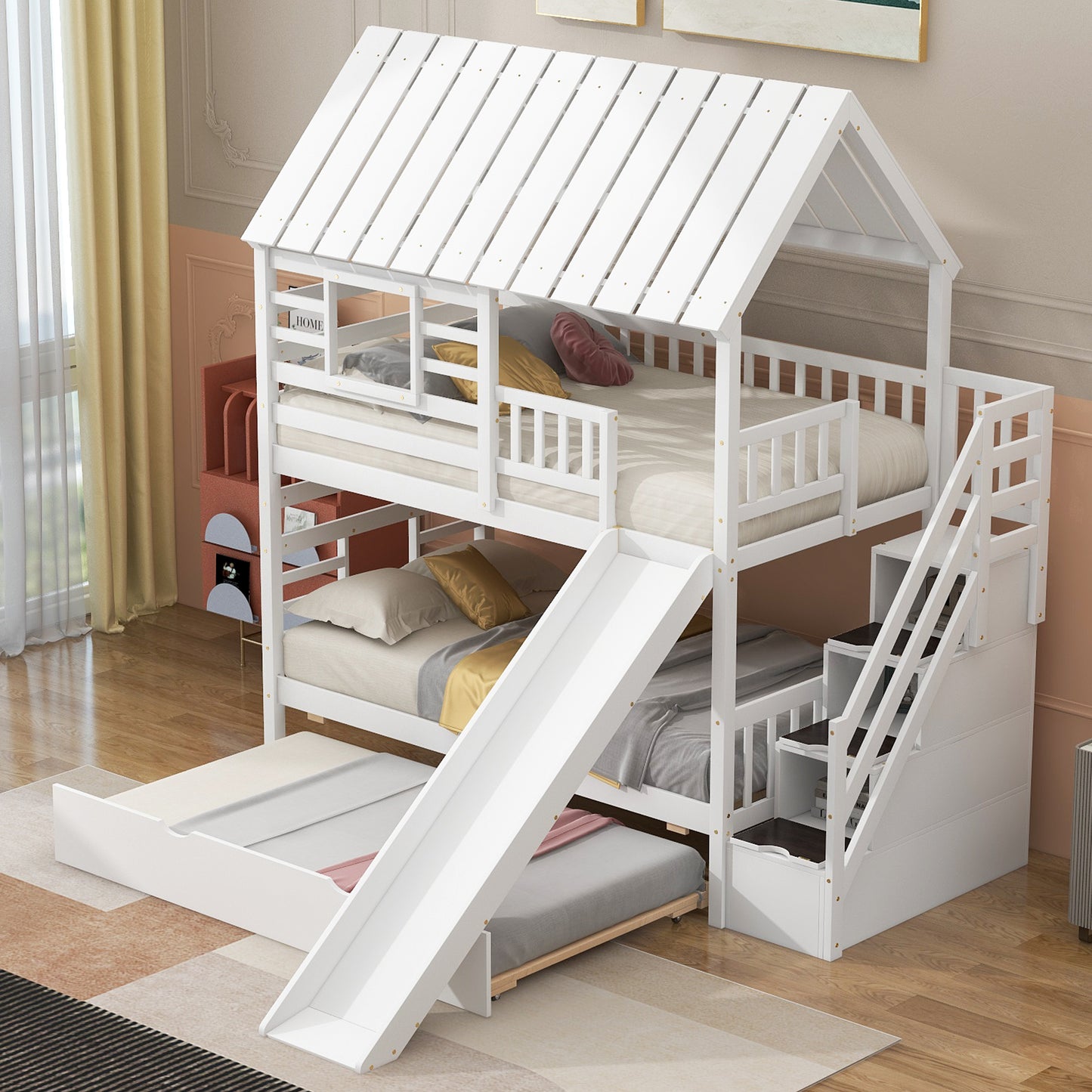 Twin over Twin House Bunk Bed with Trundle and Slide Storage Staircase Roof and Window Design  White