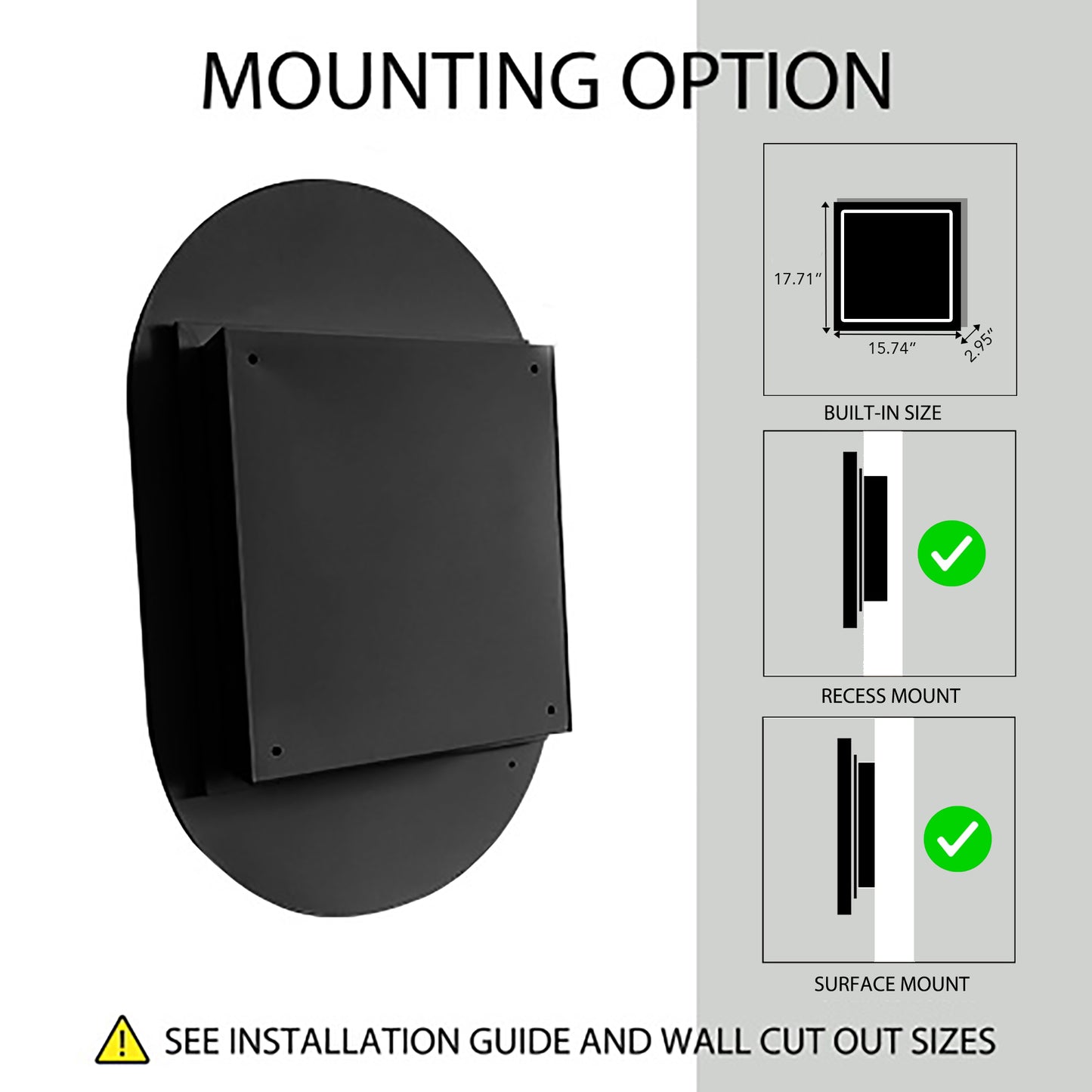 20x34 inch oval embedded medicine cabinet, metal frame bathroom cabinet with mirror and adjustable shelf matte black