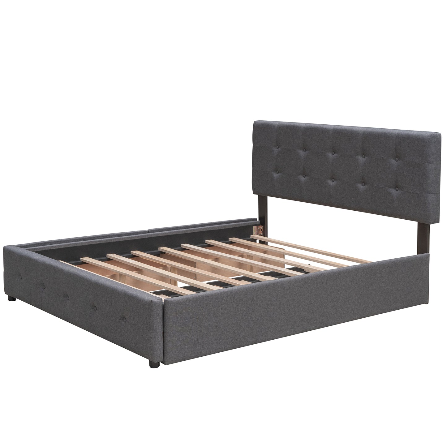 Upholstered Platform Bed with 2 Drawers and 1 Twin XL Trundle Linen Fabric Queen Size - Dark Gray