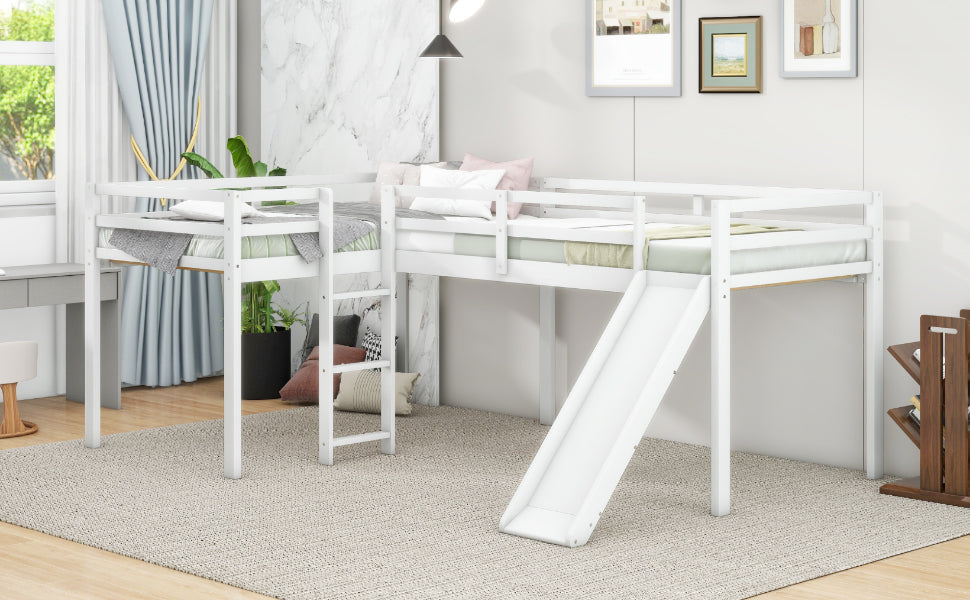 L-Shaped Twin Size Loft Bed with Ladder and Slide, White