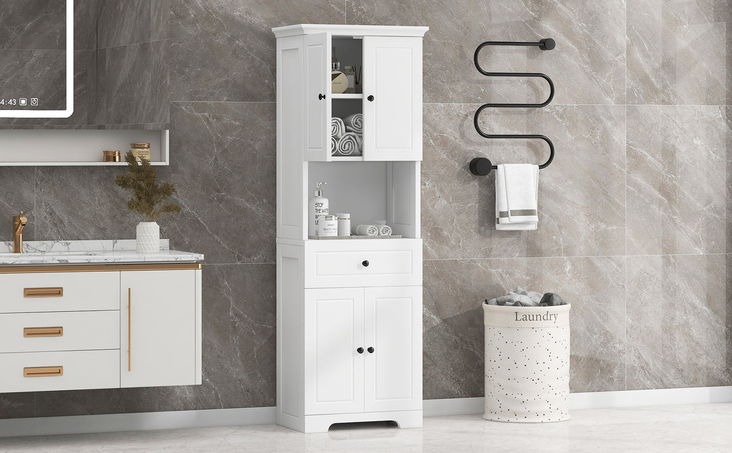 Tall Bathroom Cabinet with Four Doors, Large Storage Space Open Shelve, Upper Storage Cabinet, Whit