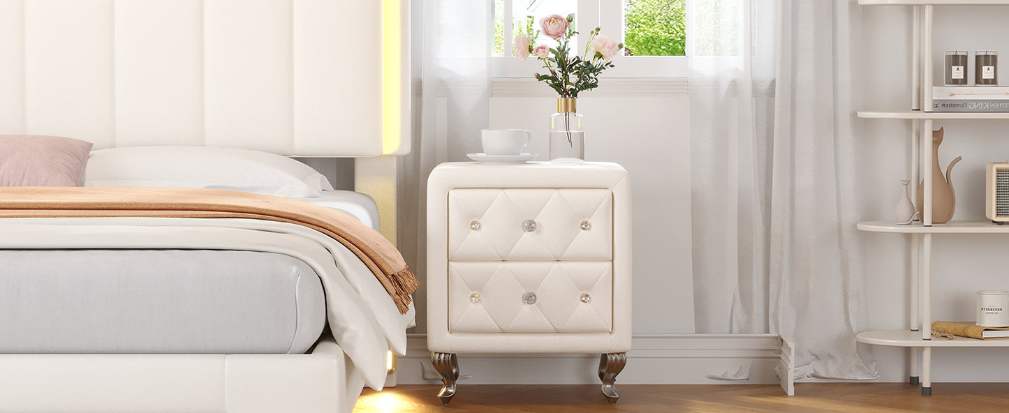 Elegant PU bedside table with 2 drawers and crystal handles, storage with metal legs - white