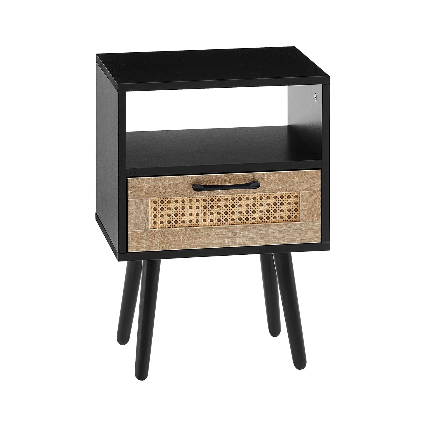 Rattan End table with drawer and solid wood legs Modern nightstand side table for living room black