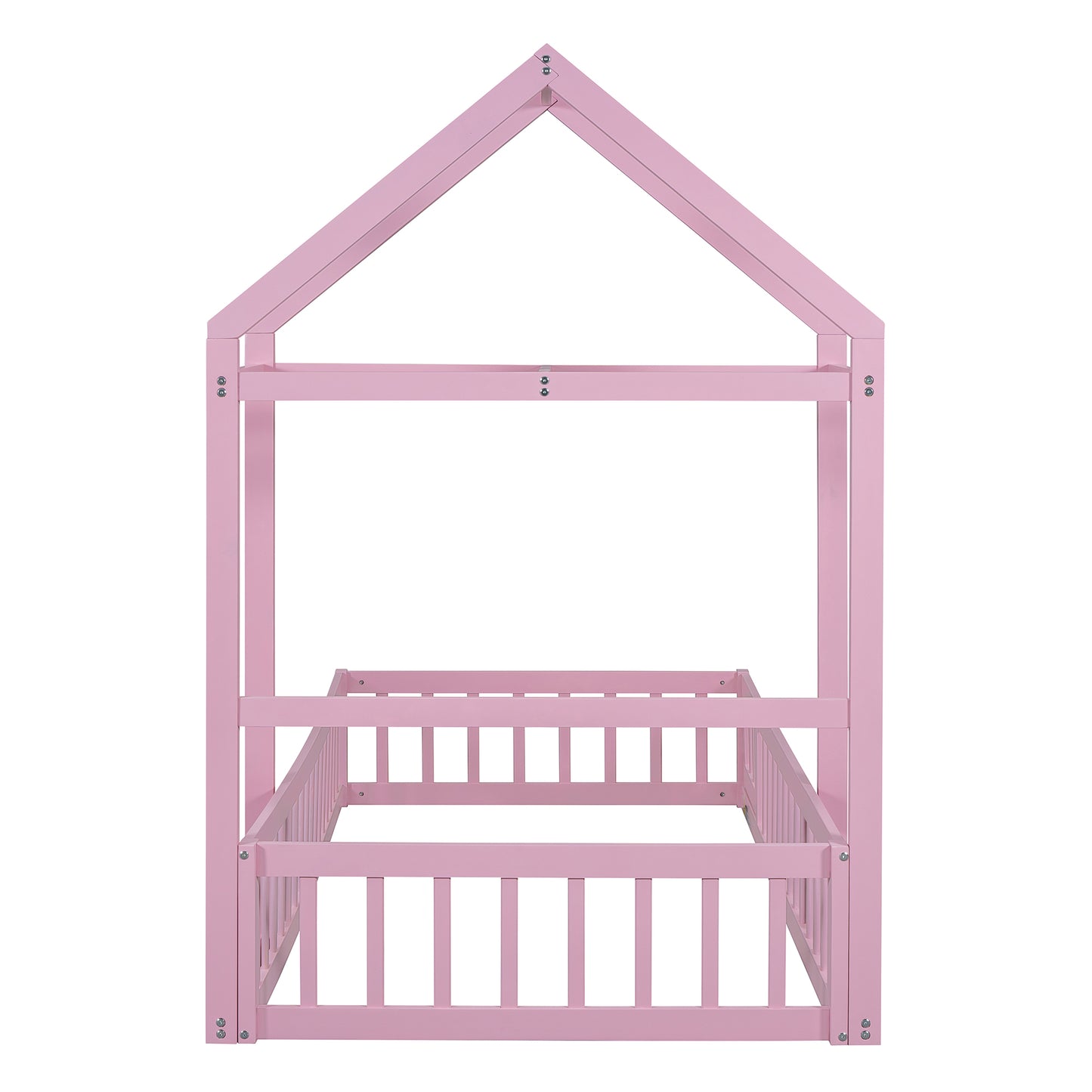 Wooden Twin Size Children's Bed with Detachable Headboard and Integrated Clothes Drying Rack, Pink