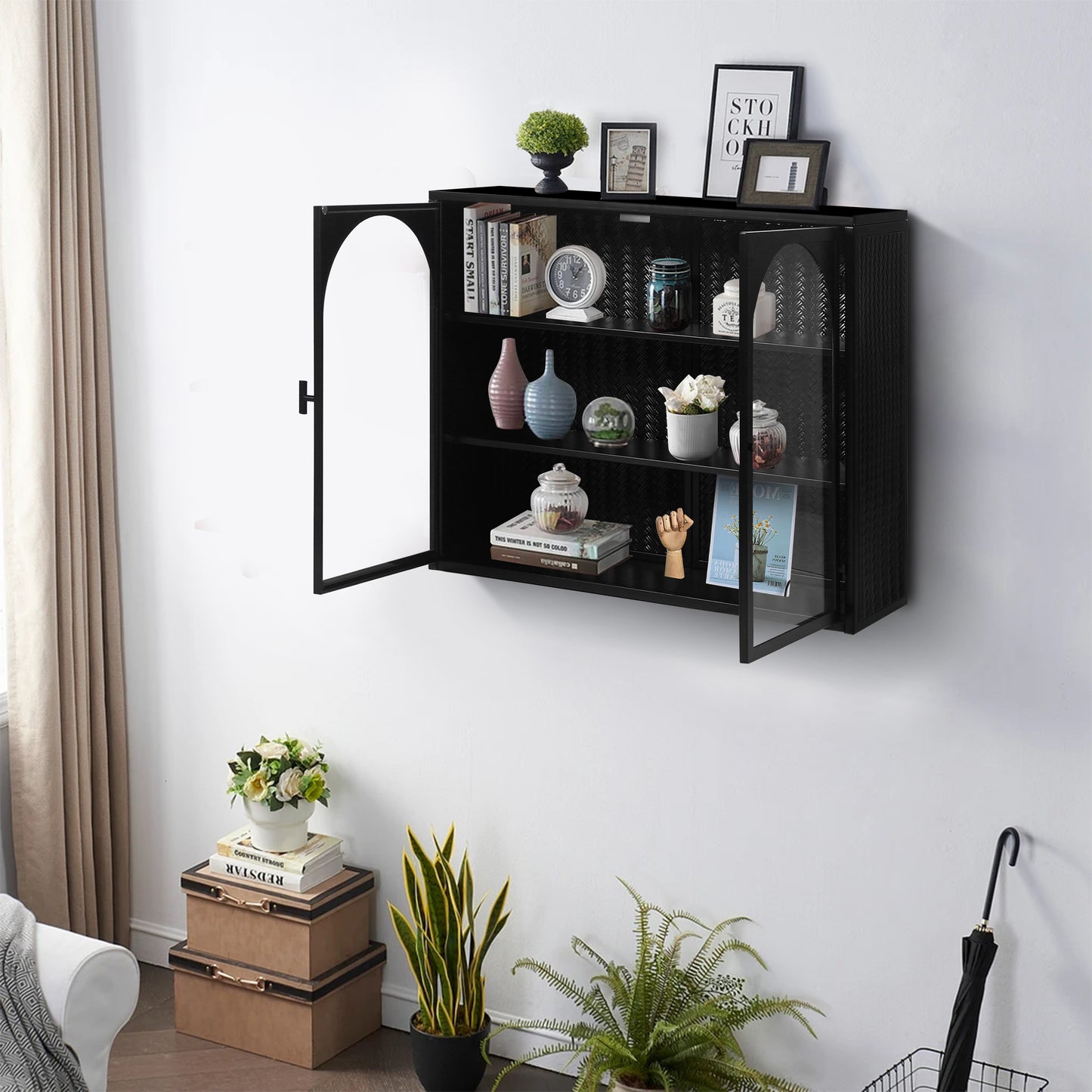 Glass Doors Modern Two-door Wall Cabinet with Featuring Three-tier Storage Black