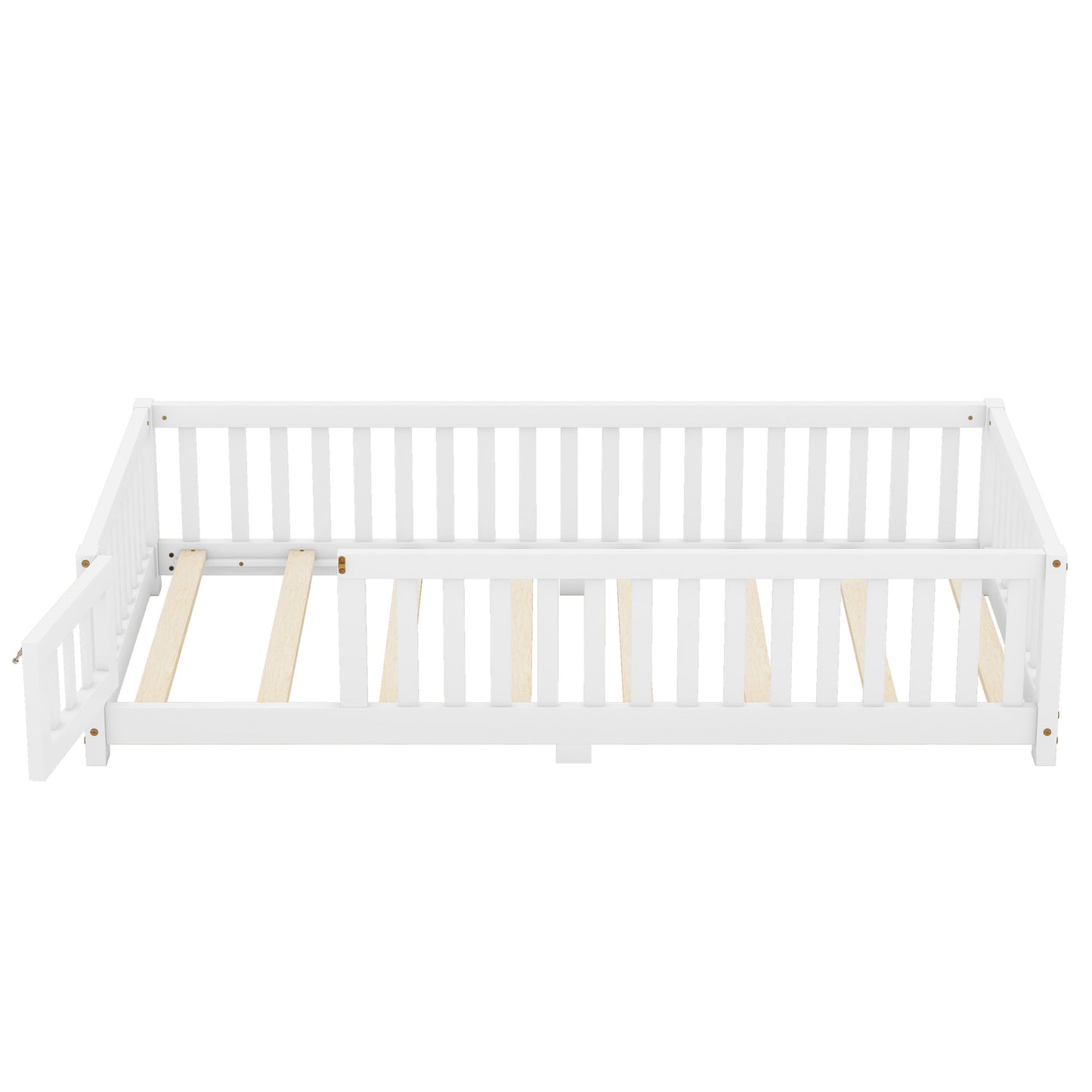 Cama de piso tamaño twin con barandillas de seguridad y puerta, perfecta para habitaciones de niños, color blanco