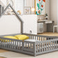 Full House-Shaped Headboard Floor Bed with Fence Grey