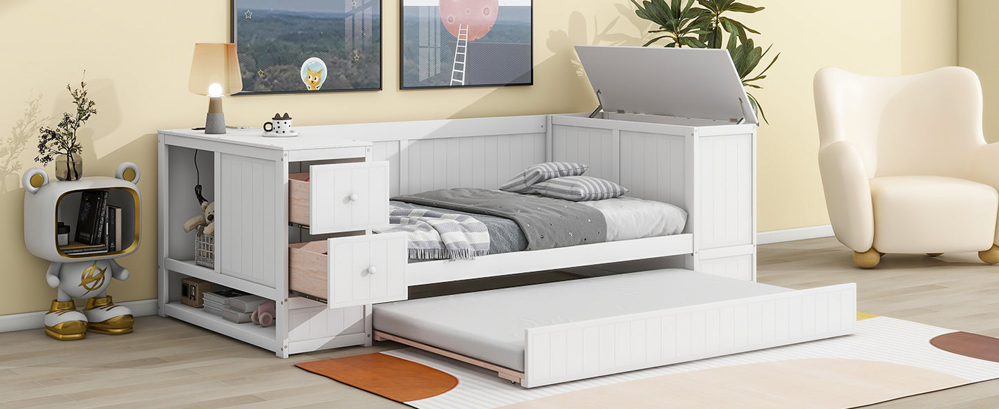 Twin Size Daybed with Storage Arms  Trundle and Charging Station White