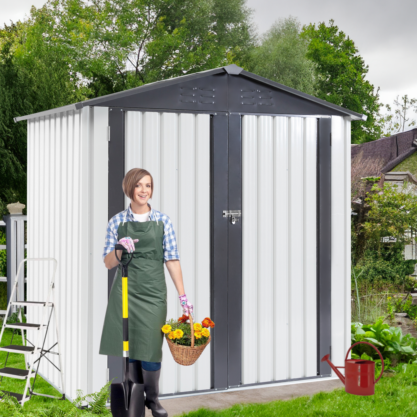 XWT014 Garden Metal Storage Shed Gray White 6x4x6ft outdoor storing tools Rainproof Hinge door version