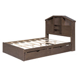 Full Size Wood Platform Bed with House-shaped Storage Headboard and 2 Drawers Walnut