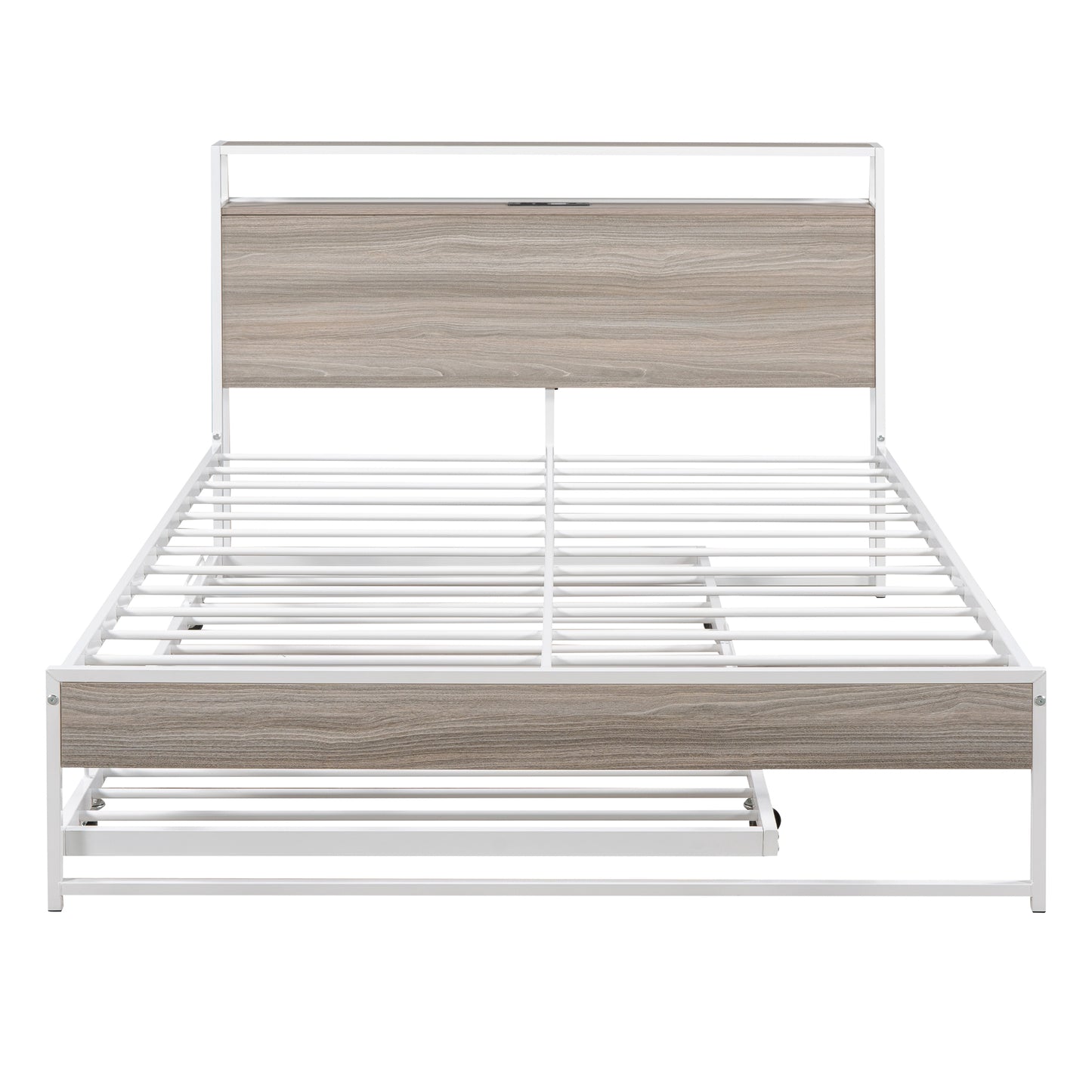 Full Size Metal Platform Bed Frame with Trundle, USB Ports and Slat Support No Box Spring Needed White