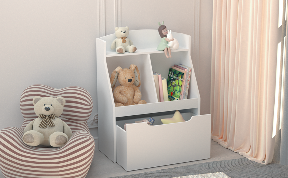 Kids Bookshelf with Drawer and Wheels Children's Book Display Wooden Bookcase White