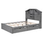 Full Size Wood Platform Bed with House-shaped Storage Headboard and 2 Drawers Gray